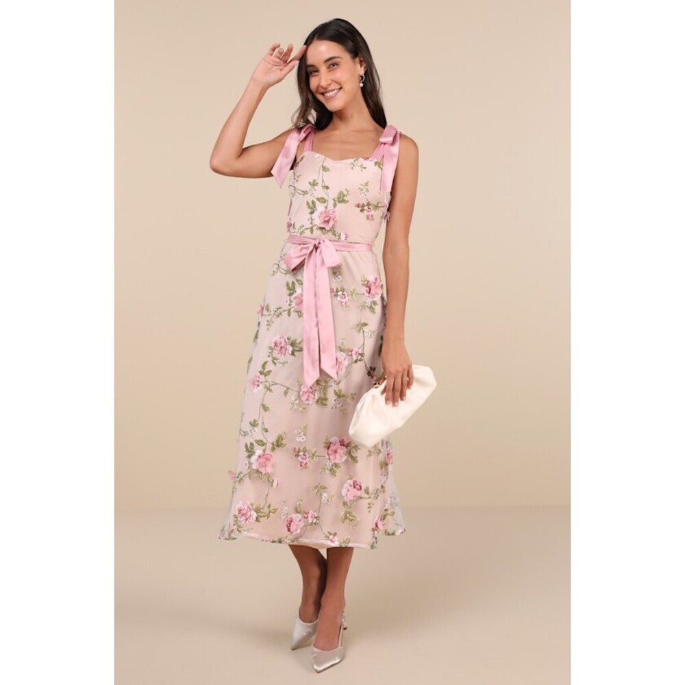 Lulus Pink Floral Applique Tie-strap Dress - Size XS, never worn